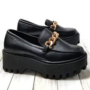 New Black Gold Chain Platform Penny Loafers Flats